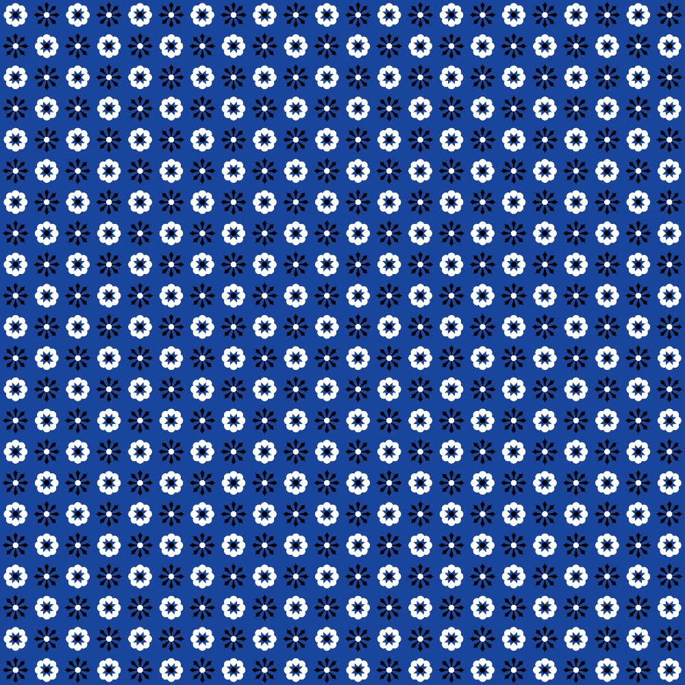 Blue background with a pattern of evenly spaced white flowers, each with a dark center, arranged in a grid.