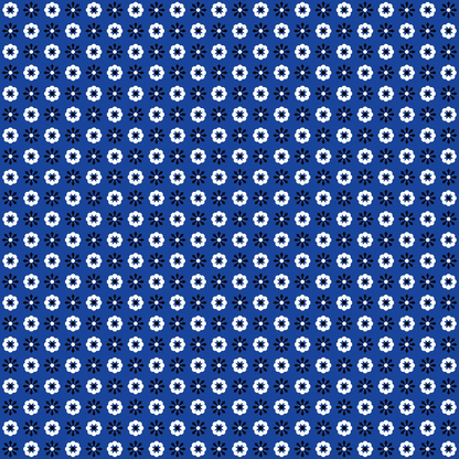 Blue background with a pattern of evenly spaced white flowers, each with a dark center, arranged in a grid.