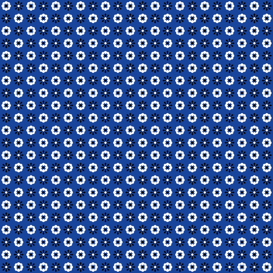 Blue background with a pattern of evenly spaced white flowers, each with a dark center, arranged in a grid.