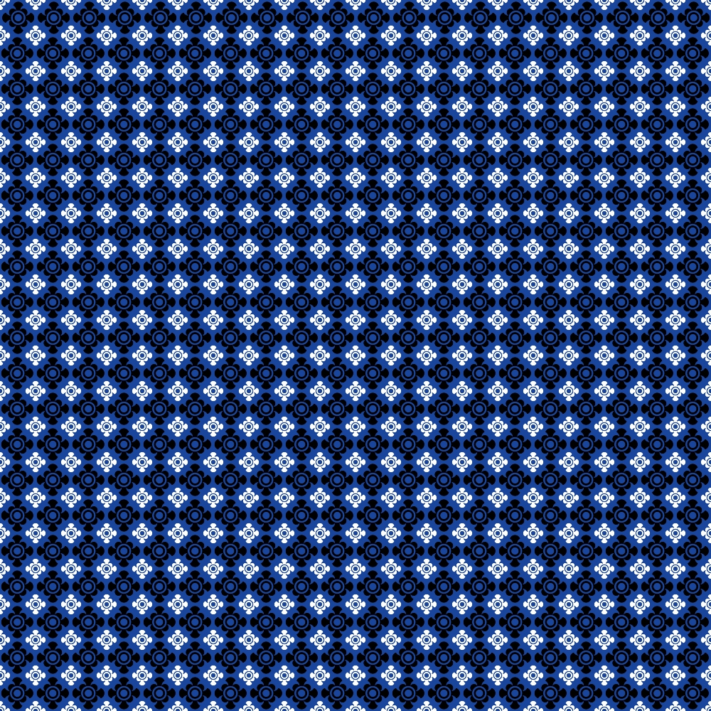 Blue geometric pattern with circular and star-shaped motifs arranged in a symmetrical grid on a dark background.