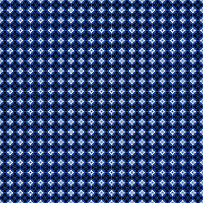 Blue geometric pattern with circular and star-shaped motifs arranged in a symmetrical grid on a dark background.