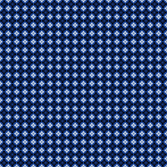 Blue geometric pattern with circular and star-shaped motifs arranged in a symmetrical grid on a dark background.