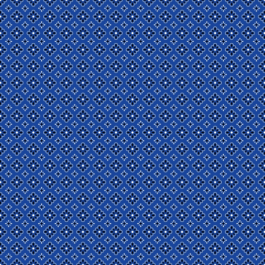 Blue geometric pattern with small white symmetrical shapes, arranged in a grid, covering the entire image.