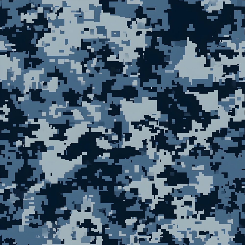 Digital camouflage pattern in shades of blue and gray, featuring a pixelated, abstract design.