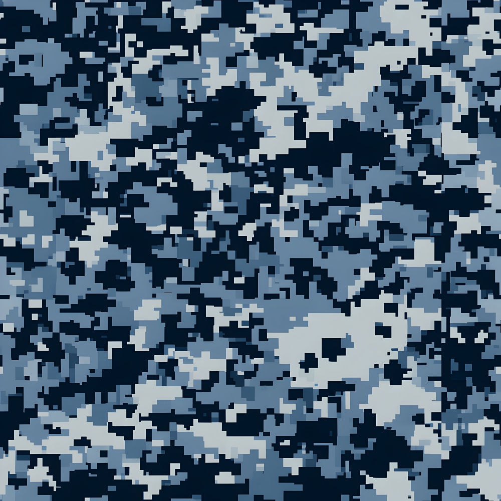 Digital camouflage pattern in shades of blue and gray, featuring an abstract, pixelated design.