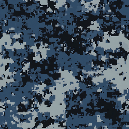 Digital camouflage pattern in shades of blue, black, and grey, featuring pixelated splotches and irregular shapes designed for concealment.