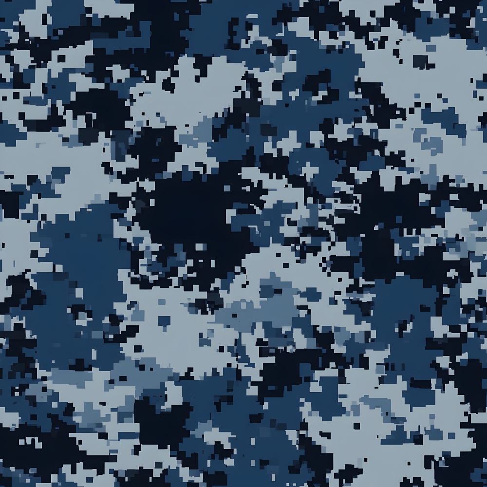 Digital camouflage pattern in shades of dark blue, light blue, and gray.