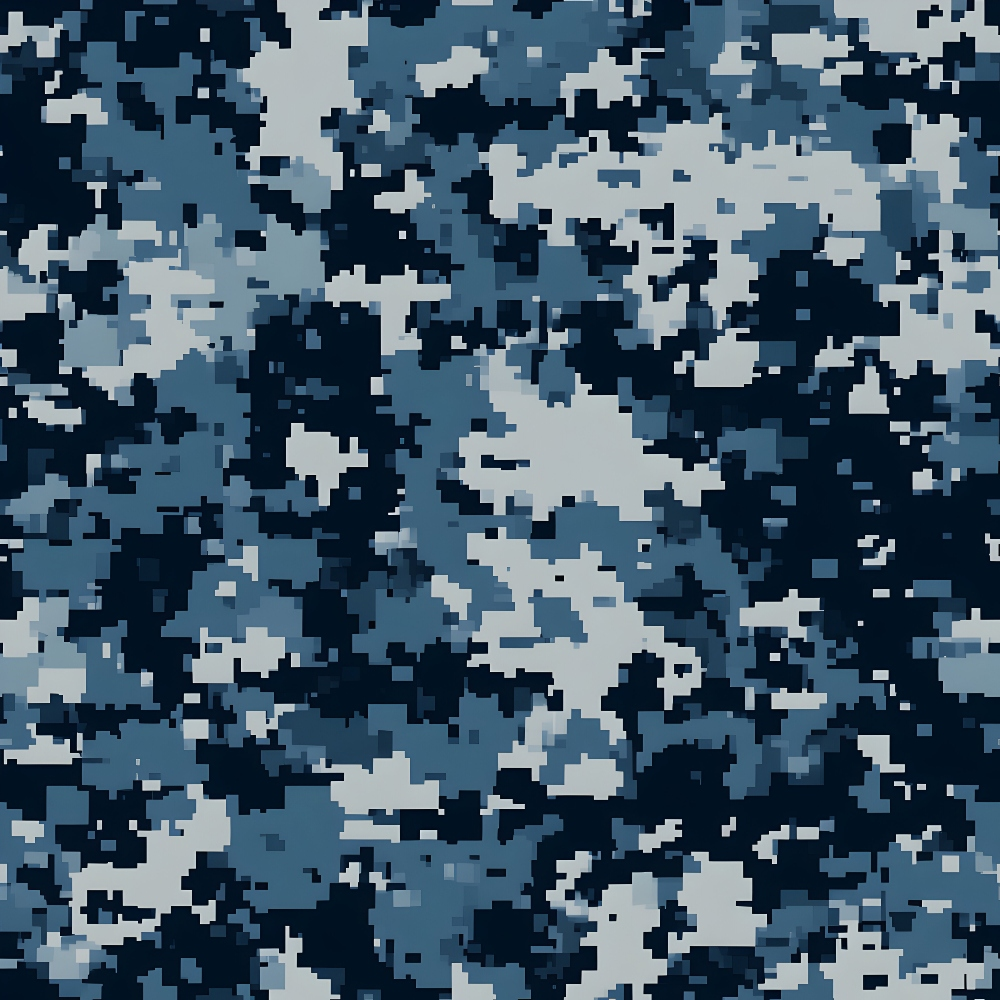 Digital camouflage pattern with various shades of blue, grey, and black in a pixelated design.