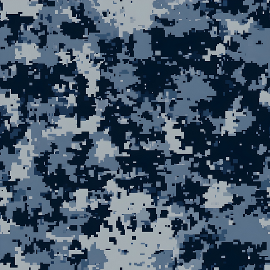 Digital camouflage pattern with a mix of dark blue, light blue, and gray pixelated shapes resembling a pixelated mosaic.