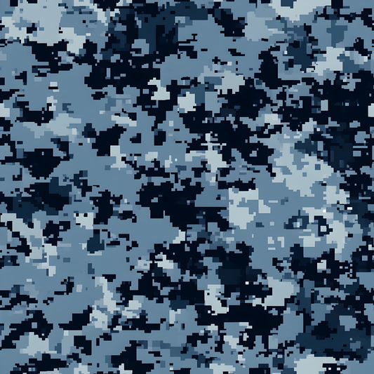 Digital camouflage pattern with shades of blue and gray in a pixelated design.