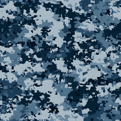 Digital camouflage pattern with various shades of blue and gray forming a pixelated texture.