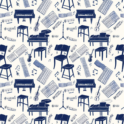 Pattern of pianos, stools, sheet music, violins, music stands, and notes in dark blue on a white background.