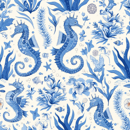 Blue seahorses and various marine plants and animals in a detailed pattern on a white background.