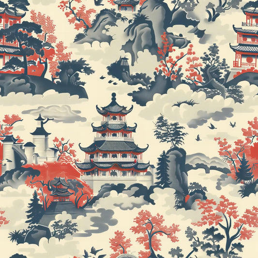 Blue Vintage China Pattern 1 Quilting Cotton Fabric featuring traditional pagoda, mountain, floral motifs, and clouds in blue, coral, gray, and cream colors; cotton textile, vintage style, Asian-inspired design, quilting material, soft fabric, printed yardage.