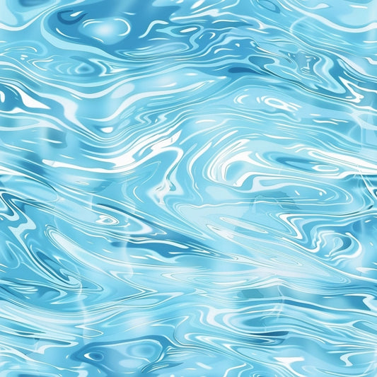 Abstract blue and white marbled pattern resembling swirling water waves.