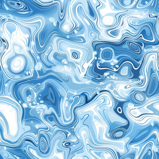 Abstract blue and white marbled pattern with swirling and wavy shapes, creating a fluid and dynamic design.