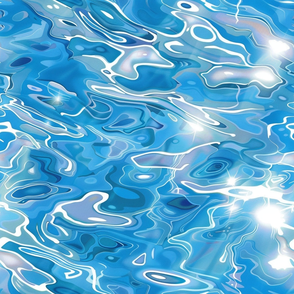 Abstract digital artwork featuring a pattern of swirling blue, white, and teal shapes resembling water with reflected sunlight.