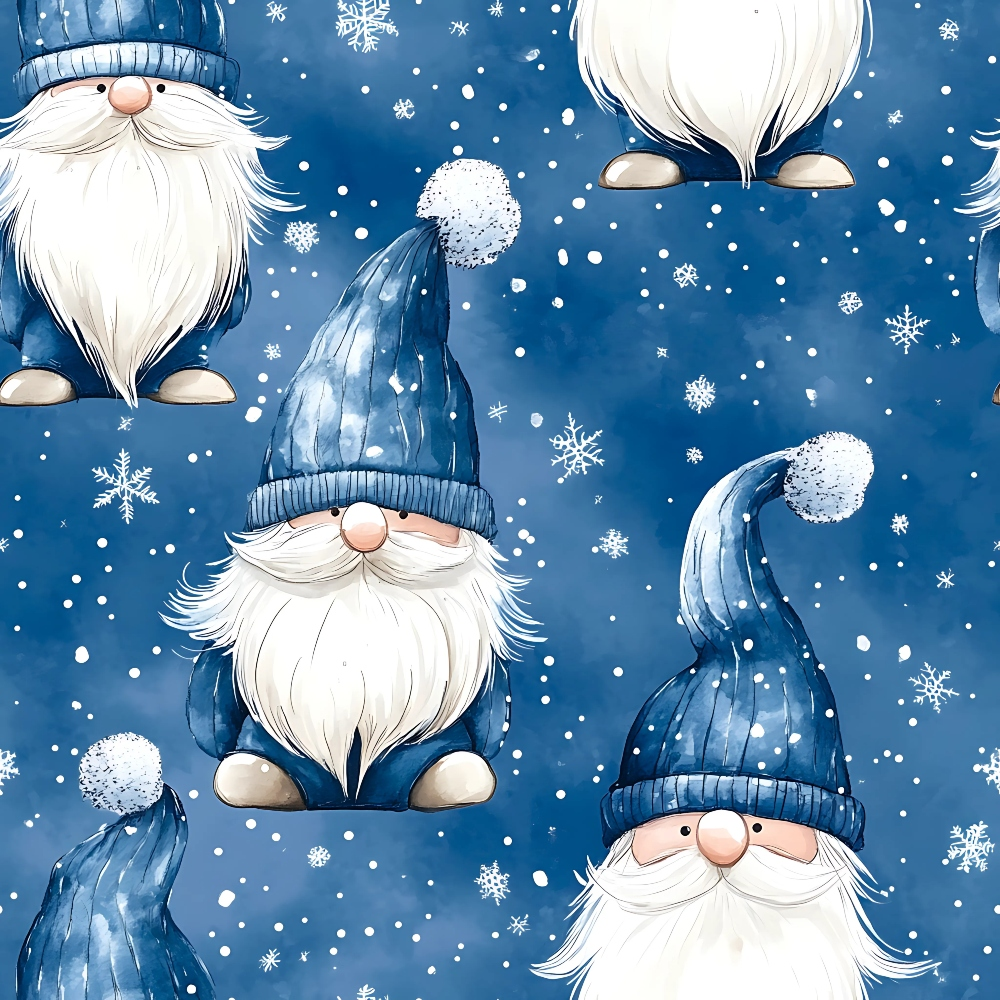 Patterned image of cartoon gnomes with long white beards and blue hats, set against a snowy, starry blue background.