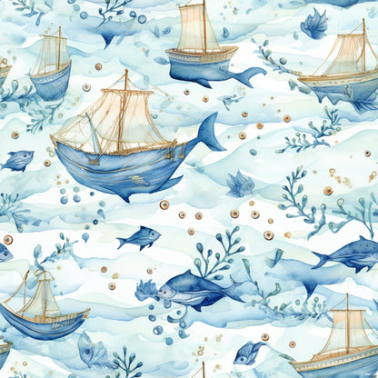 Blue Ocean Fishes Pattern 3 Quilting Cotton Fabric
