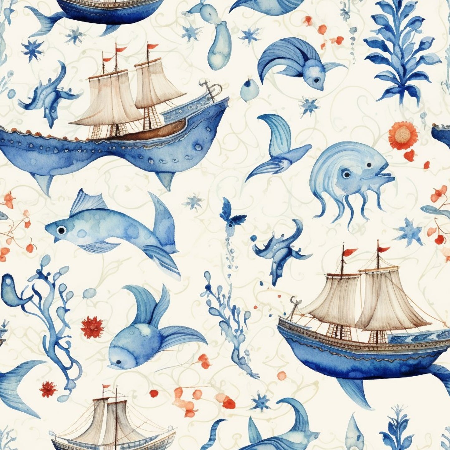 Blue Ocean Fishes Pattern 4 Quilting Cotton Fabric