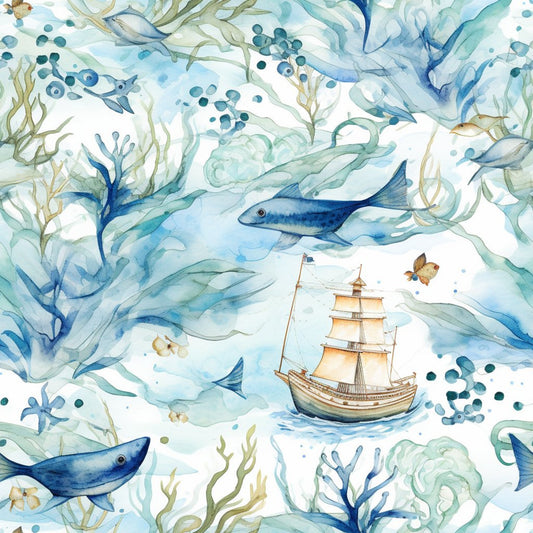Blue Ocean Fishes Pattern 6 Quilting Cotton Fabric