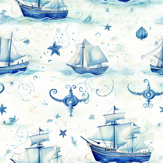 Blue Ocean Fishes Pattern 7 Quilting Cotton Fabric