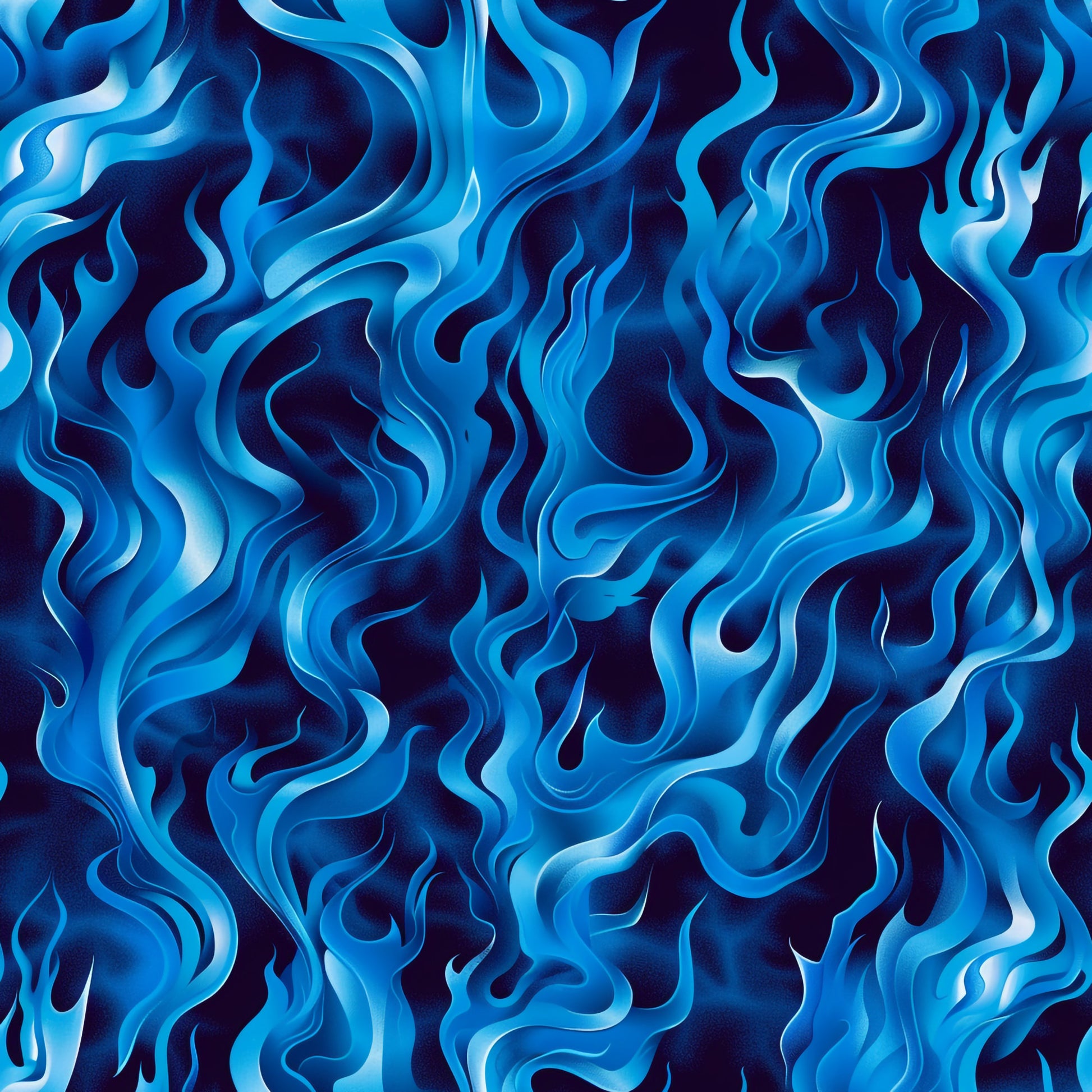 blue flames, fire pattern, swirling design, navy blue, light blue, cyan, turquoise, flowing flames, abstract fire, wavy pattern, quilting cotton, fabric panel, dynamic movement, fluid design, flame motifs, blue fire, undulating waves, organic shapes, contemporary style, energetic pattern