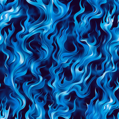 blue flames, fire pattern, swirling design, navy blue, light blue, cyan, turquoise, flowing flames, abstract fire, wavy pattern, quilting cotton, fabric panel, dynamic movement, fluid design, flame motifs, blue fire, undulating waves, organic shapes, contemporary style, energetic pattern