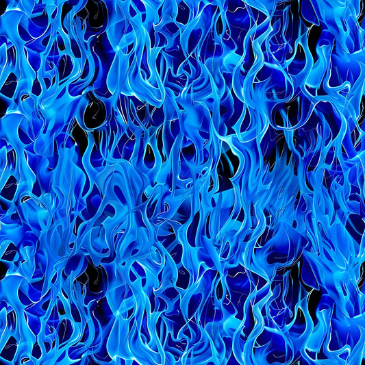 blue flames, electric blue, cobalt blue, navy blue, azure, flame pattern, fire design, abstract flames, dancing flames, fluid movement, organic shapes, wave-like forms, contemporary art, modern design, dynamic energy, quilting cotton, fabric panel, cotton fabric, intense blue, flame motif
