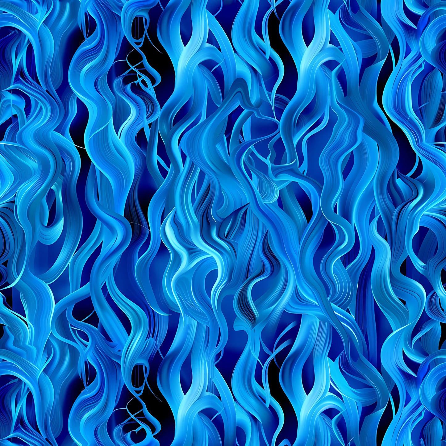 blue flames, fire pattern, electric blue, cobalt blue, navy blue, flowing flames, dynamic movement, abstract design, swirling pattern, flame motifs, quilting cotton, fabric panel, modern style, energetic mood, wave-like design, fluid lines, bright blue, dark blue accents, contemporary pattern, cotton fabric