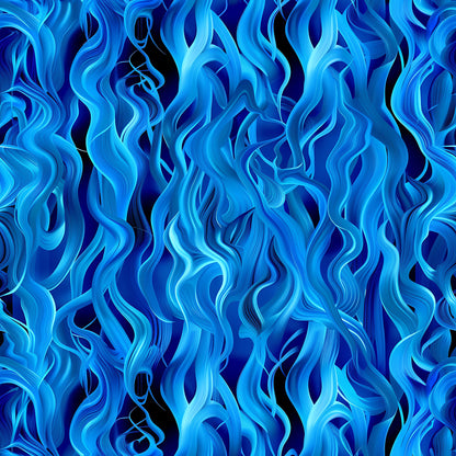 blue flames, fire pattern, electric blue, cobalt blue, navy blue, flowing flames, dynamic movement, abstract design, swirling pattern, flame motifs, quilting cotton, fabric panel, modern style, energetic mood, wave-like design, fluid lines, bright blue, dark blue accents, contemporary pattern, cotton fabric