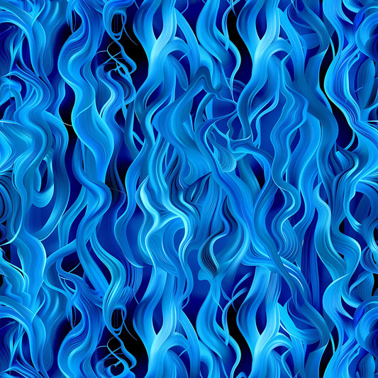 blue flames, fire pattern, electric blue, cobalt blue, navy blue, flowing flames, dynamic movement, abstract design, swirling pattern, flame motifs, quilting cotton, fabric panel, modern style, energetic mood, wave-like design, fluid lines, bright blue, dark blue accents, contemporary pattern, cotton fabric