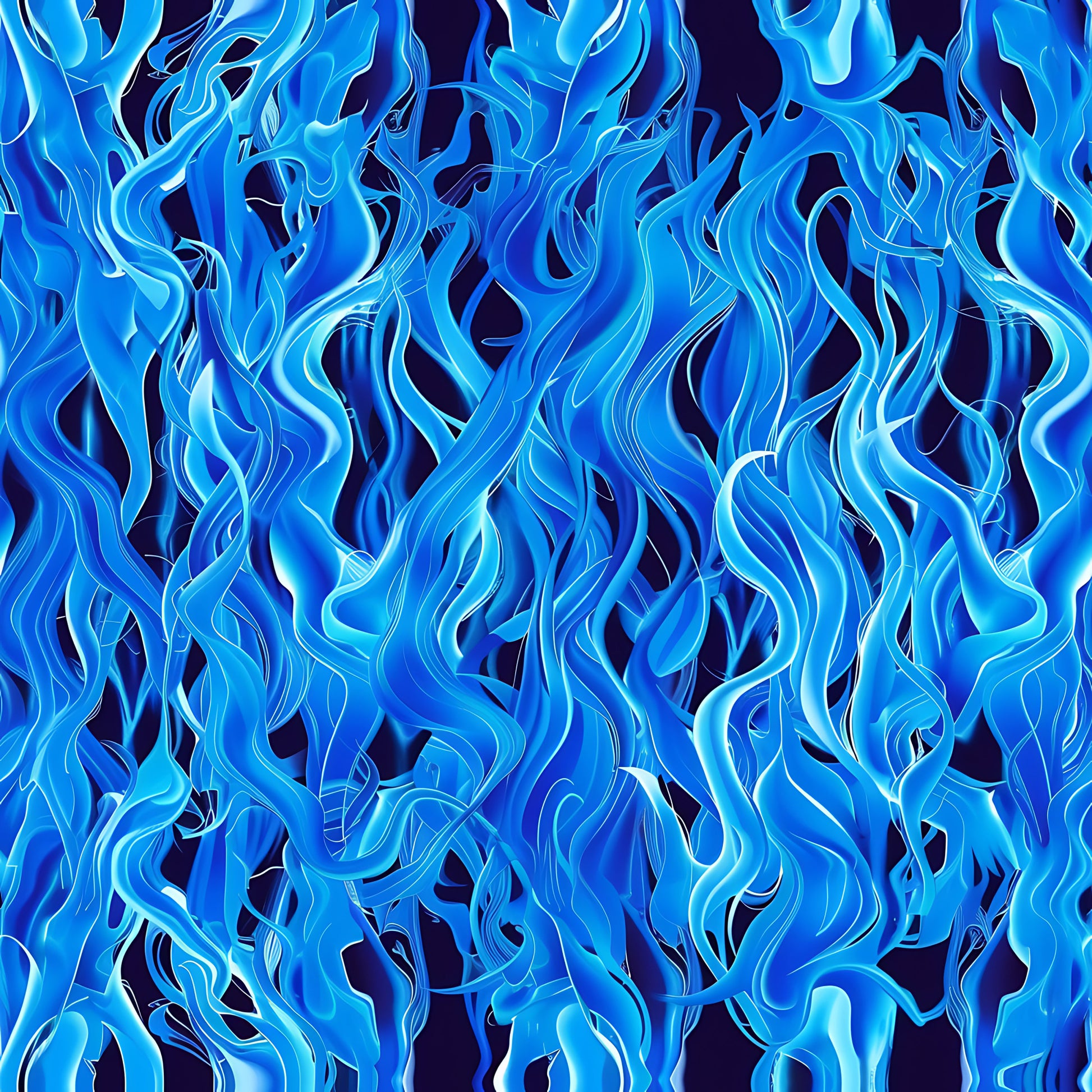 blue flames, fire pattern, bright blue, navy blue, turquoise, cyan, flowing flames, dynamic movement, swirling design, flame motifs, quilting cotton, fabric panel, energetic pattern, wavy lines, flame tongues, blue fire, undulating shapes, contemporary style, vibrant blues, seamless pattern