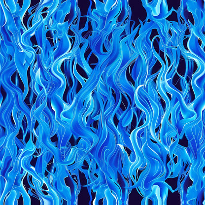 blue flames, fire pattern, bright blue, navy blue, turquoise, cyan, flowing flames, dynamic movement, swirling design, flame motifs, quilting cotton, fabric panel, energetic pattern, wavy lines, flame tongues, blue fire, undulating shapes, contemporary style, vibrant blues, seamless pattern