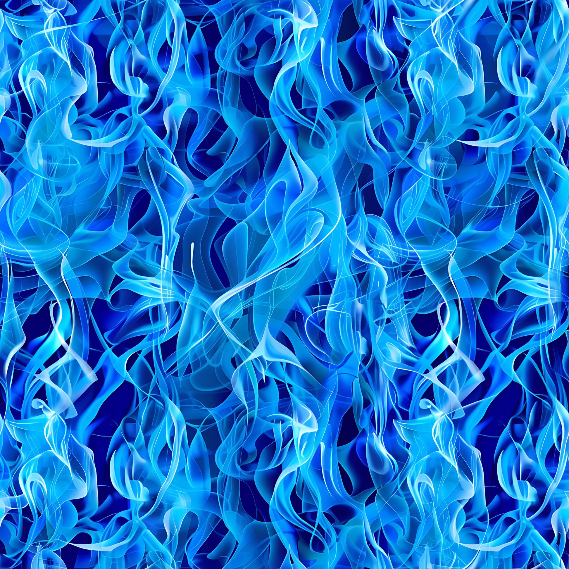 blue flames, fire pattern, bright blue, turquoise, navy blue, swirling flames, abstract fire, flame motifs, dancing flames, fluid design, quilting cotton, fabric panel, continuous pattern, energetic design, mystical flames, blue fire effect, wavy pattern, flowing design, artistic flames