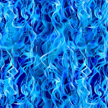 blue flames, fire pattern, bright blue, turquoise, navy blue, swirling flames, abstract fire, flame motifs, dancing flames, fluid design, quilting cotton, fabric panel, continuous pattern, energetic design, mystical flames, blue fire effect, wavy pattern, flowing design, artistic flames
