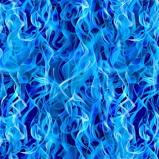 blue flames, fire pattern, bright blue, turquoise, navy blue, swirling flames, abstract fire, flame motifs, dancing flames, fluid design, quilting cotton, fabric panel, continuous pattern, energetic design, mystical flames, blue fire effect, wavy pattern, flowing design, artistic flames