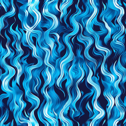 blue flames, turquoise, navy blue, cyan, fire pattern, flame design, wavy lines, flowing movement, abstract pattern, quilting cotton, fabric panel, dynamic swirls, ocean blue, cobalt, undulating curves, modern art style, energetic motion, blue fire, flame motif, contemporary design