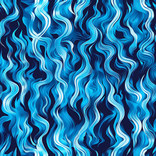 blue flames, turquoise, navy blue, cyan, fire pattern, flame design, wavy lines, flowing movement, abstract pattern, quilting cotton, fabric panel, dynamic swirls, ocean blue, cobalt, undulating curves, modern art style, energetic motion, blue fire, flame motif, contemporary design