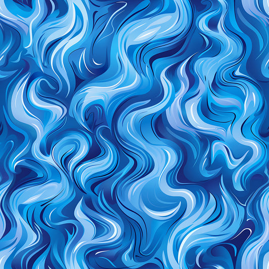 blue, navy blue, light blue, azure, flame pattern, fire design, swirling flames, flowing waves, abstract pattern, marbled effect, quilting cotton, fabric panel, dynamic movement, fluid design, ocean waves, wind pattern, artistic swirls, contemporary style, energetic mood, seamless pattern