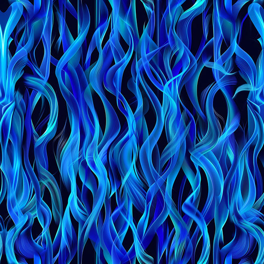 blue flames, turquoise, navy blue, cyan, fire pattern, flowing flames, abstract flames, dynamic movement, wavy lines, quilting cotton, fabric panel, mystical fire, blue fire, flame motifs, swirling pattern, energetic design, cool flames, dancing flames, modern abstract, vibrant blues