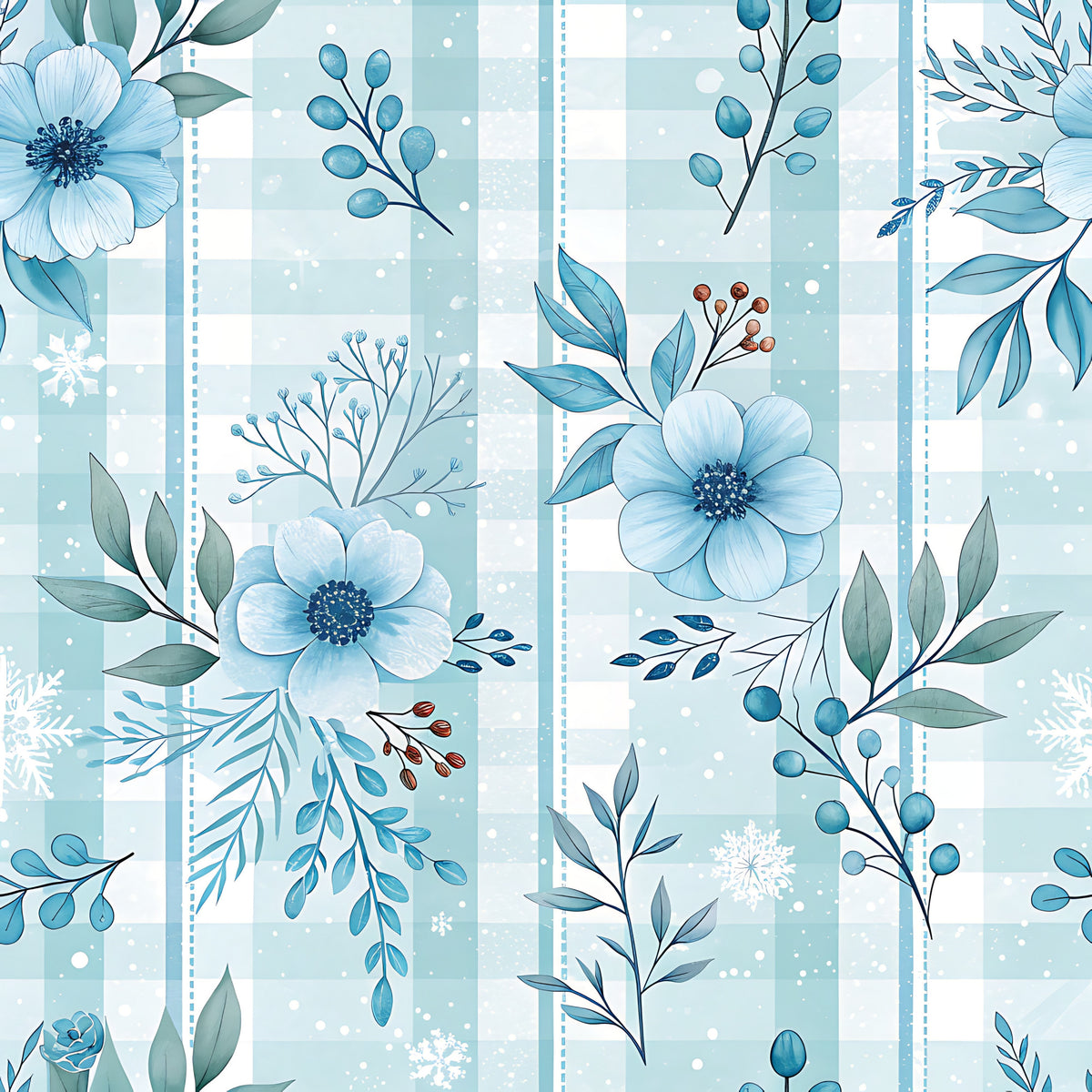 Blue Winter Floral Plaid Pattern 1 Quilting Cotton Fabric