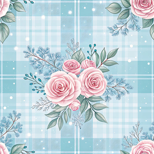 Blue Winter Floral Plaid Pattern 11 Quilting Cotton Fabric
