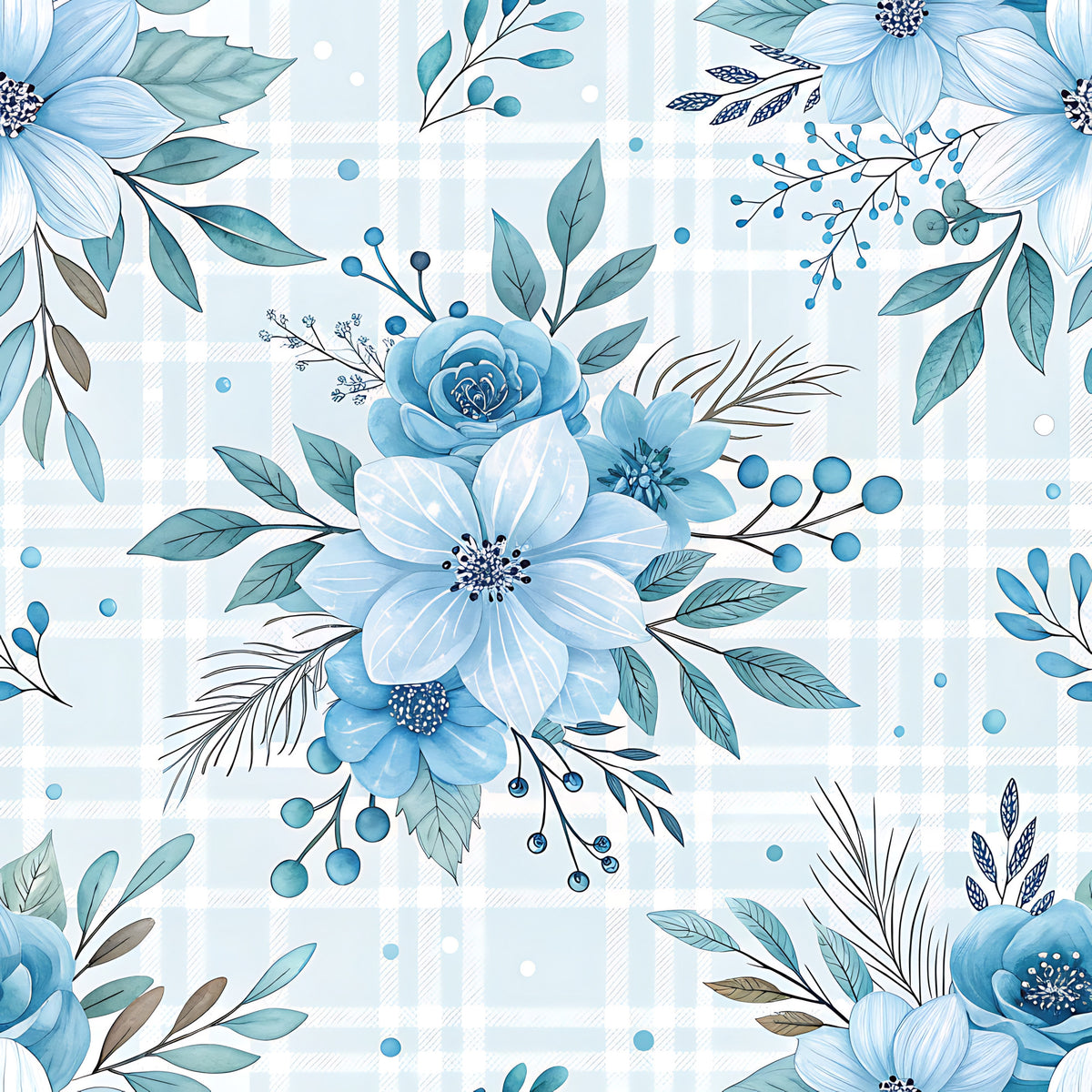 Blue Winter Floral Plaid Pattern 12 Quilting Cotton Fabric