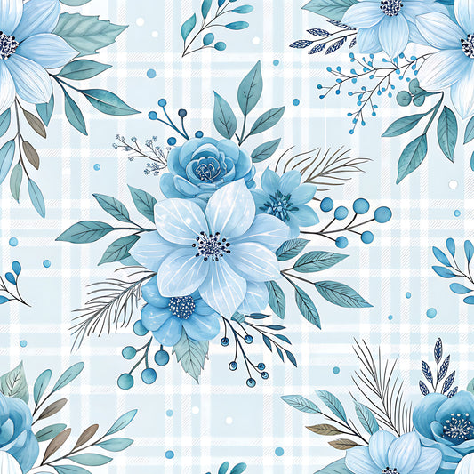 Blue Winter Floral Plaid Pattern 12 Quilting Cotton Fabric