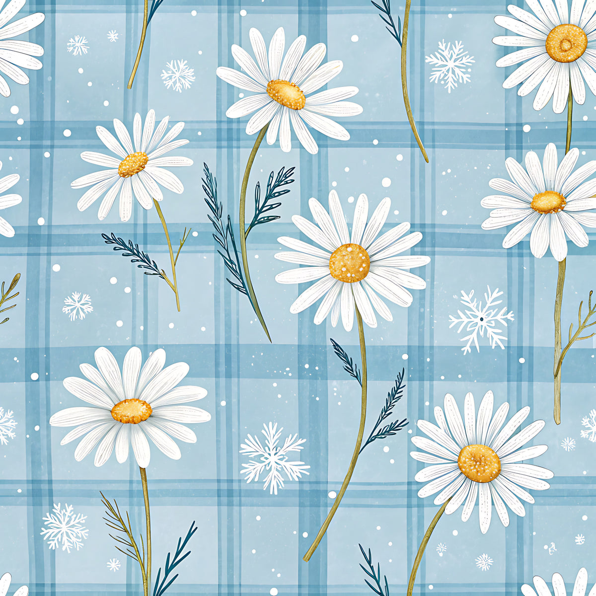 Blue Winter Floral Plaid Pattern 13 Quilting Cotton Fabric