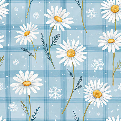 Blue Winter Floral Plaid Pattern 13 Quilting Cotton Fabric