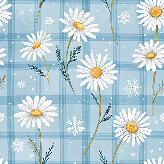 Blue Winter Floral Plaid Pattern 13 Quilting Cotton Fabric