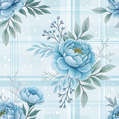 Blue Winter Floral Plaid Pattern 14 Quilting Cotton Fabric