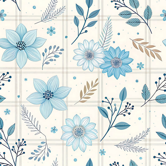 Blue Winter Floral Plaid Pattern 15 Quilting Cotton Fabric